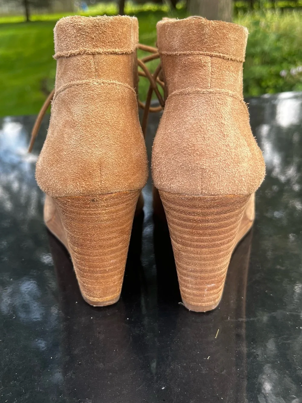 Lucky Brand Ysabel Suede Lace-Up Wedge Ankle Booties Tan size 8